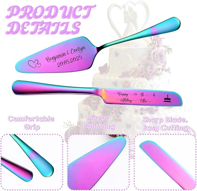 Custom Wedding Cake Knife and Server Set, Personalised Cake Serving Kit - Image 3