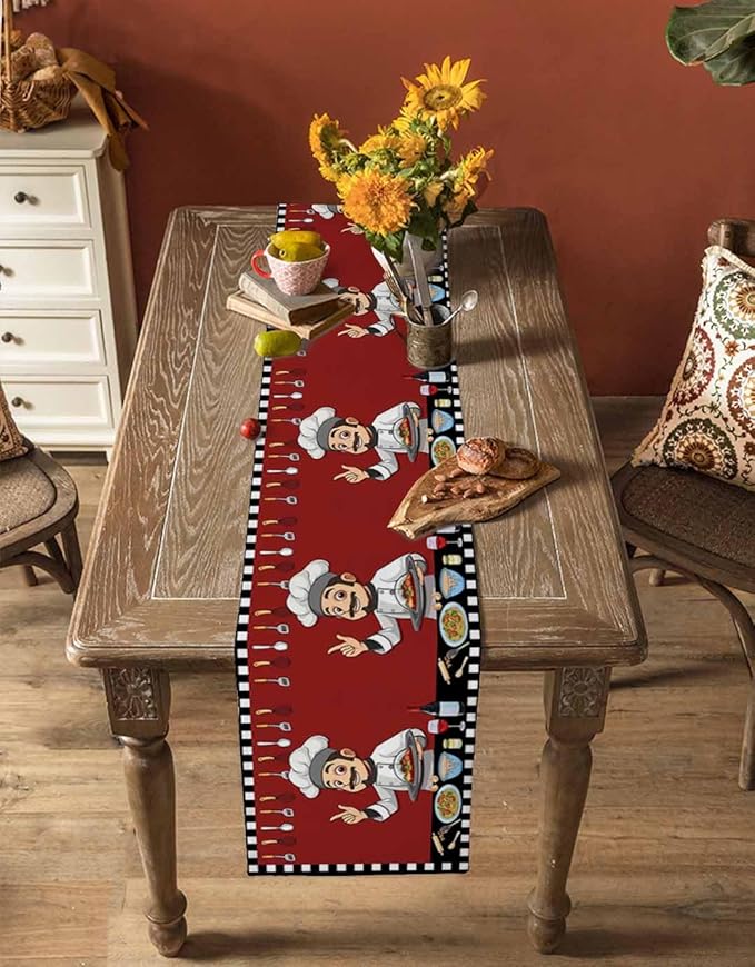 Red Chef Gourmet Cotton Linen Table Runner - Image 4