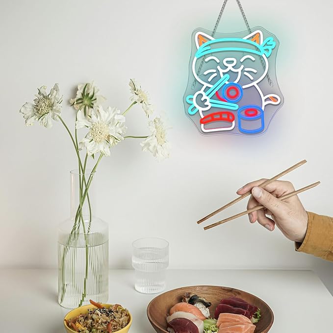 Wanxing LED Neon Sign for Wall Decor, Ramen Cat Eat Sushi Neon Light, USB - Image 4