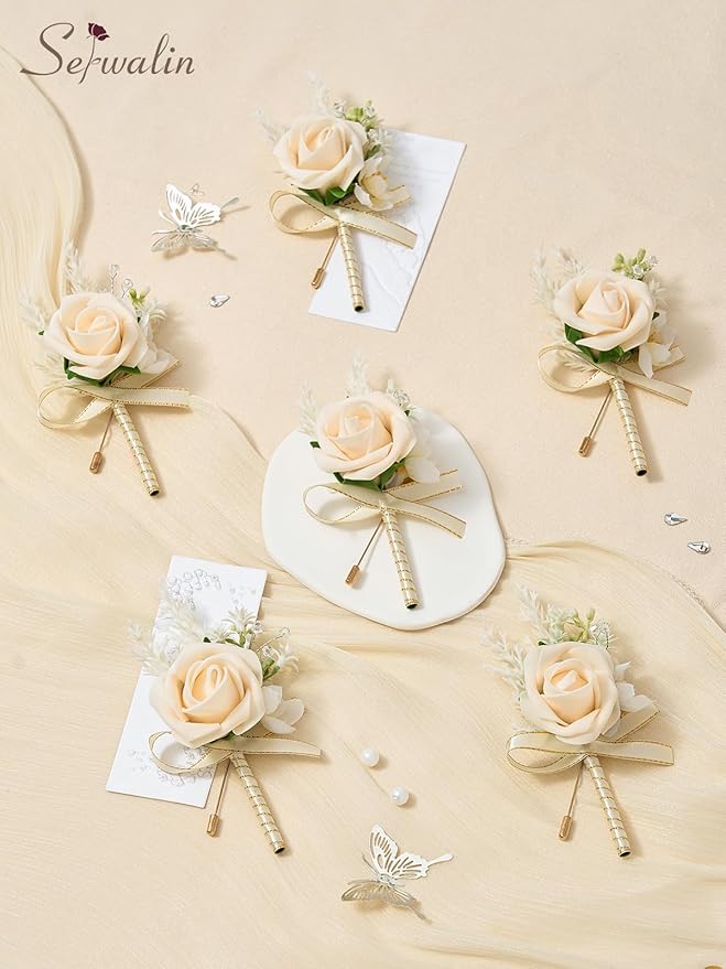 Serwalin 10Pcs Boutonniere for Men Wedding, Champagne Groom and Best Man - Image 4
