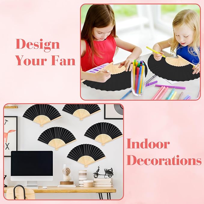 12 Pieces Black Hand Held Bamboo Folding Fans Paper Fans Handheld - Image 4