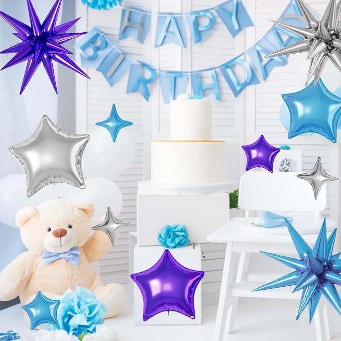 16 Pcs Blue Purple Silver Star Balloons, 22/18/10 Inch Foil Balloons, - Image 4