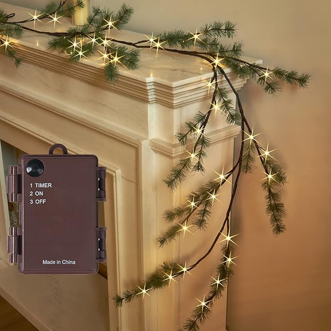 Fudios Lighted Christmas Pine Garland 6FT 48 Warm White LED Battery Operated - Image 5