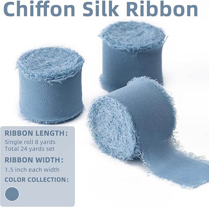 Dusty Blue Handmade Chiffon Ribbon, 1.5Inch x 3 Rolls Total 24 Yards Dusty Blue - Image 2