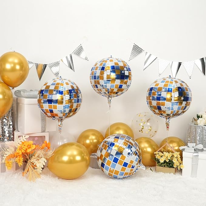 Disco Ball Balloons Blue Gold 4PC, Foil Disco Balloons 22 Inch 4D Round Blue - Image 2