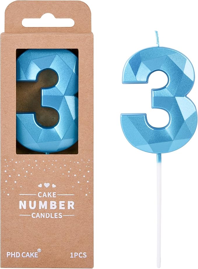 PHD CAKE 2.76 Inch Crystal Blue 3 Number Birthday Candles, Cake Number Candles by PHDCAKE