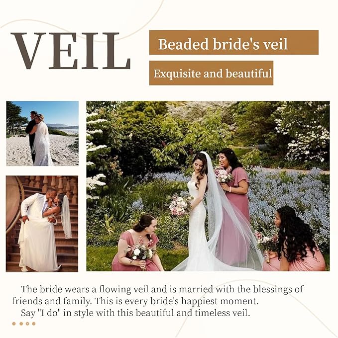 Bridal Veils Pearls and Crystals Beaded Edge Fingertip Length Wedding Veil - Image 6