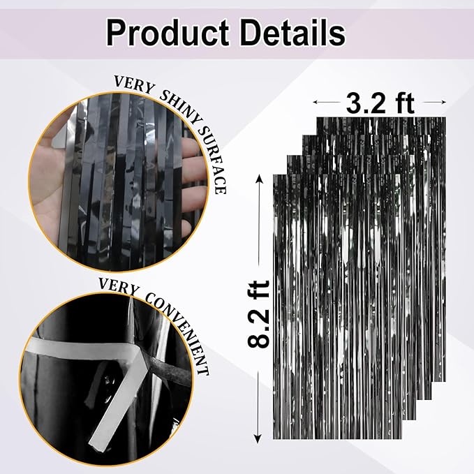 4Pack Black Foil Fringe Curtains Black Streamers Backdrop - Image 2