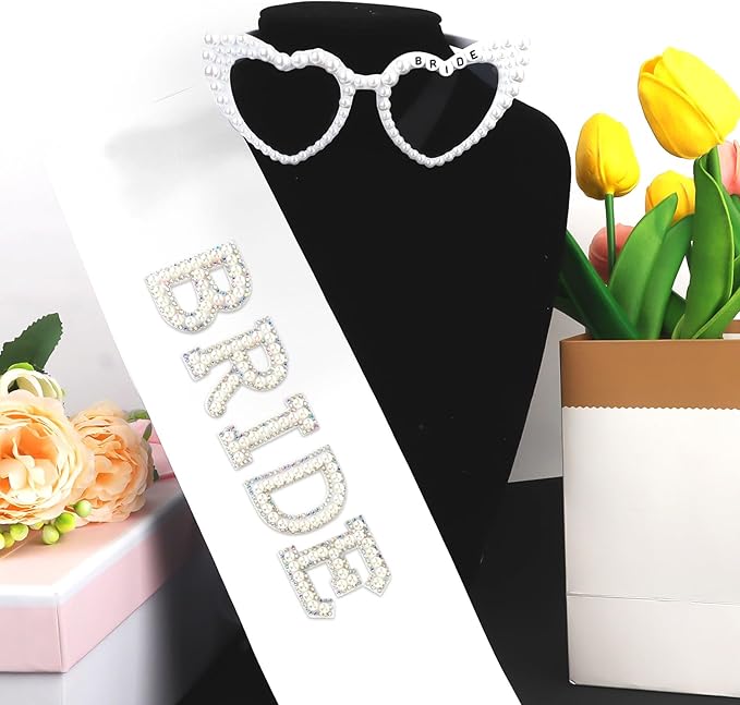 White Bride Sash & Heart Sunglasses Set Bachelorette Party Decorations Bridal - Image 4