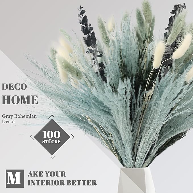 N&T NETING 100Pcs Grey Pampas Grass Decor Natural Dried - Image 2