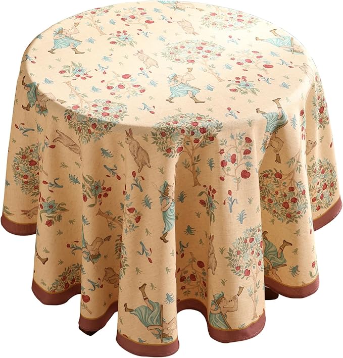 patdrea Designer Linen Beige Round Tablecloth, Vintage Italian Trees Pattern by Welcometopatdrea