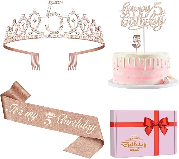 5th Birthday Decorations for Girls, Including Sash, Crown/Tiara, Cake Topper by JueslyBirthdayParty