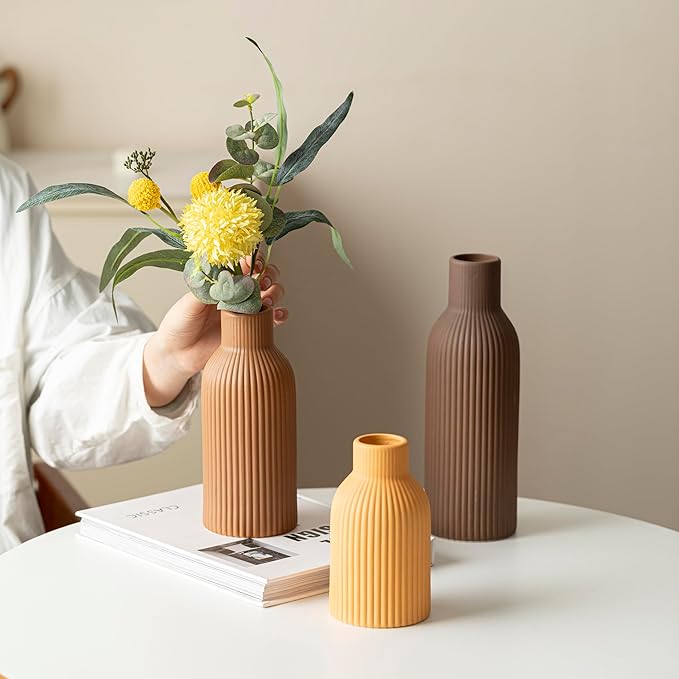 Modern Ceramic Vases Set of 3, Coffee Table Ribbed Decorative Vases, Shelf - Image 5