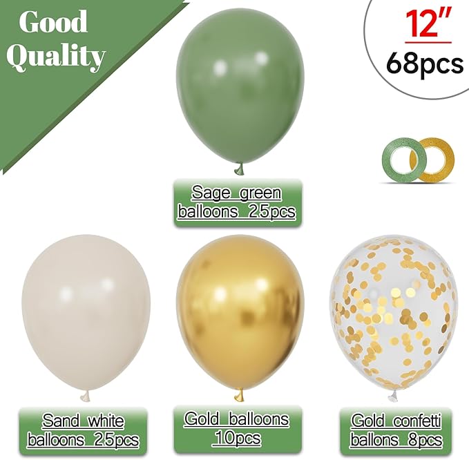 68Pcs Balloons Kit 12 Inch, Sage Green Balloon Sand White Metallic Gold Balloon - Image 2