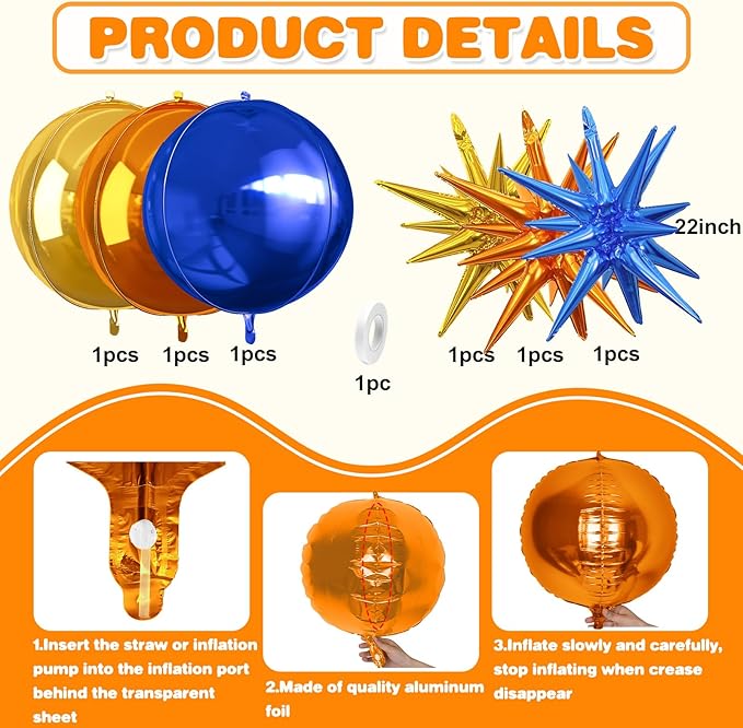 6Pcs Blue Orange Gold Foil Balloons, 22Inch Orange Blue Gold 4D Round Ball - Image 2