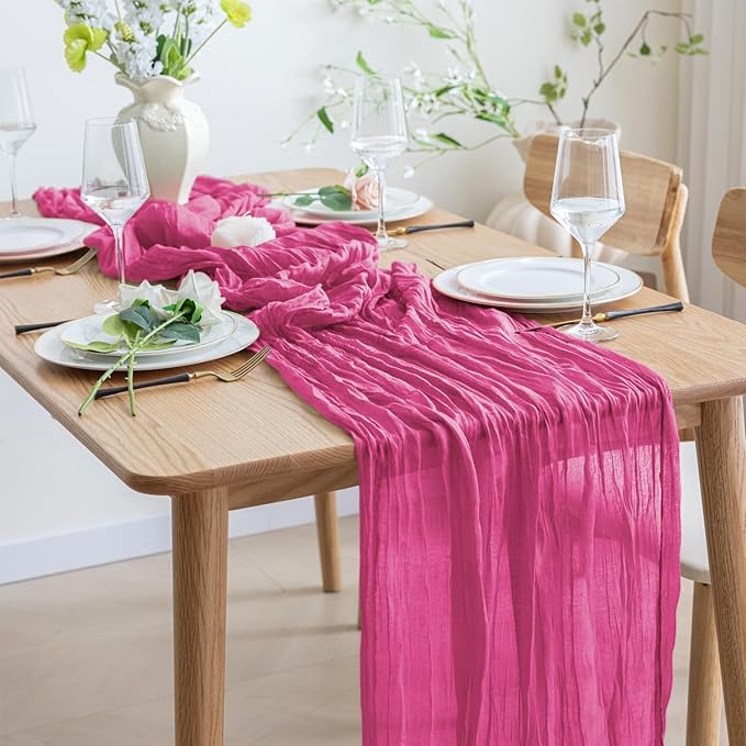 Asee'm 3pcs Cheesecloth Table Runner 120 Inches Long Deep Pink Boho Gauze - Image 6