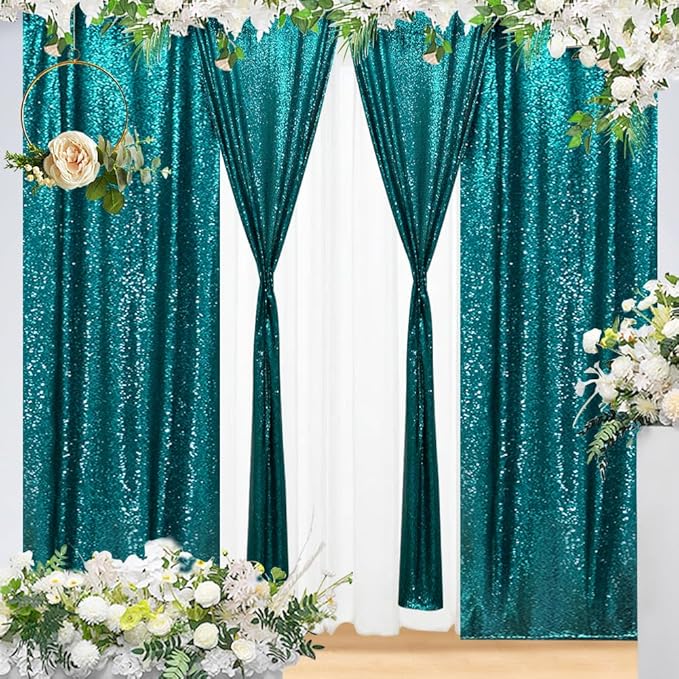 Eternal Beauty Teal Sequin Backdrop Curtains, Shimmer Back Drop 2Panels-2FTx8FT - Image 7