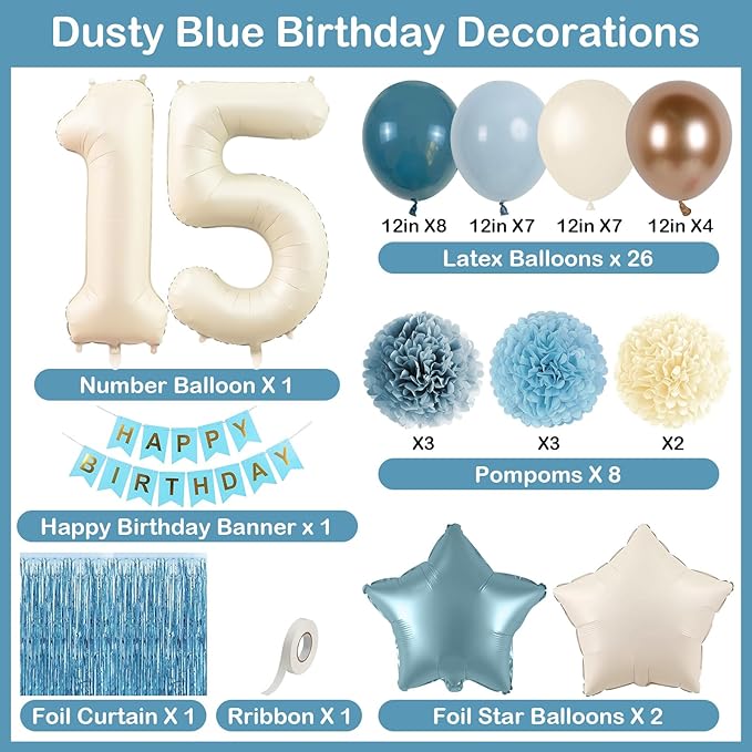 Dusty Blue 15th Birthday Party Decorations Boys Girls Beige Cream Number 15 - Image 4