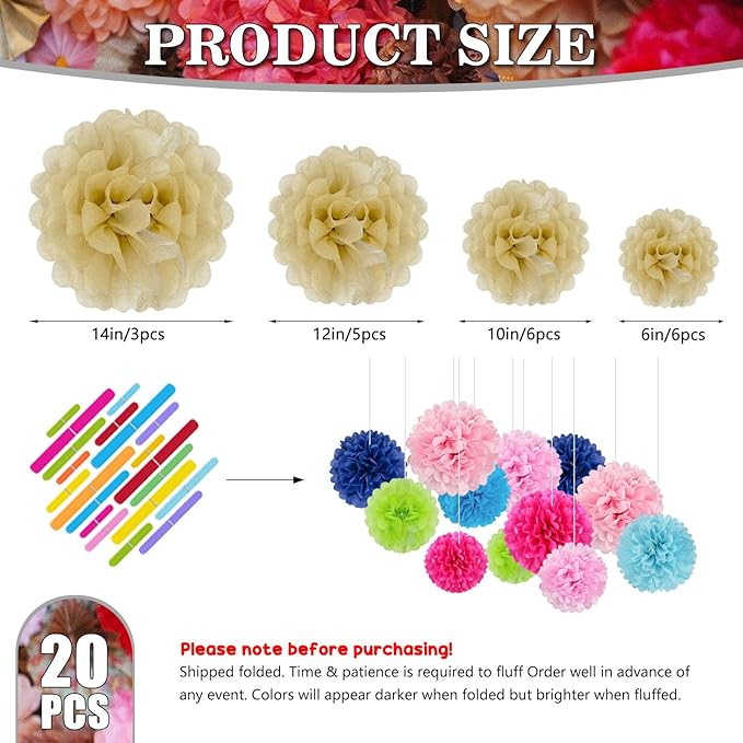 Tissue Paper Pom Poms, Light Khaki Tissue Paper Flowers, Hanging Flower Balls - Image 2