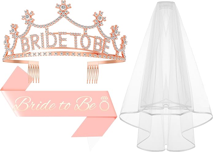 3Pcs Bride to Be Crown with Sash and Veil by Papoopy