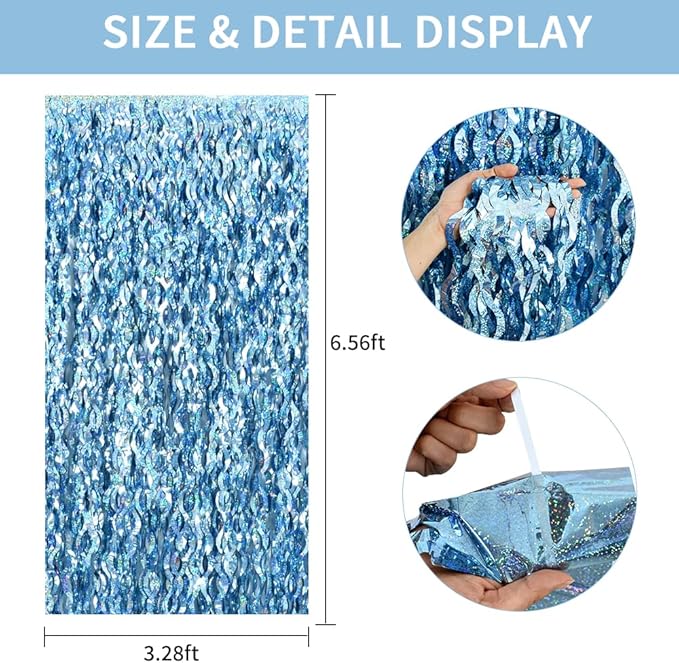 TONIFUL 3Pcs Wavy Metallic Tinsel Foil Fringe Curtains Light Blue Streamer - Image 2