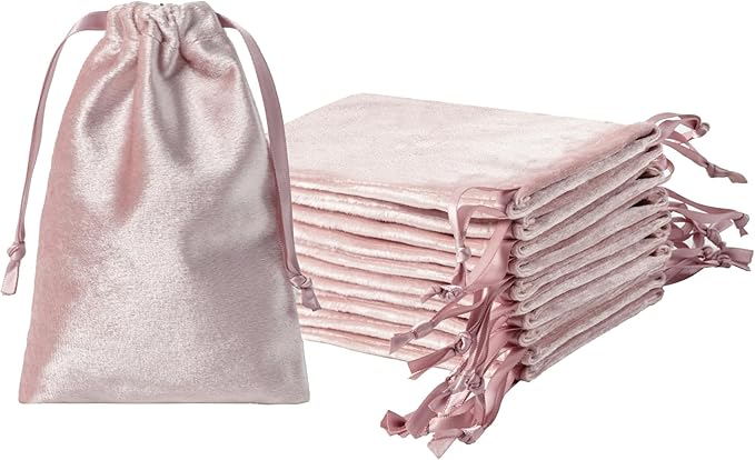 QIANF 12pcs Rose Pink Velvet Drawstring Bags 4x6 inches Glossy Small Velvet by QIANF
