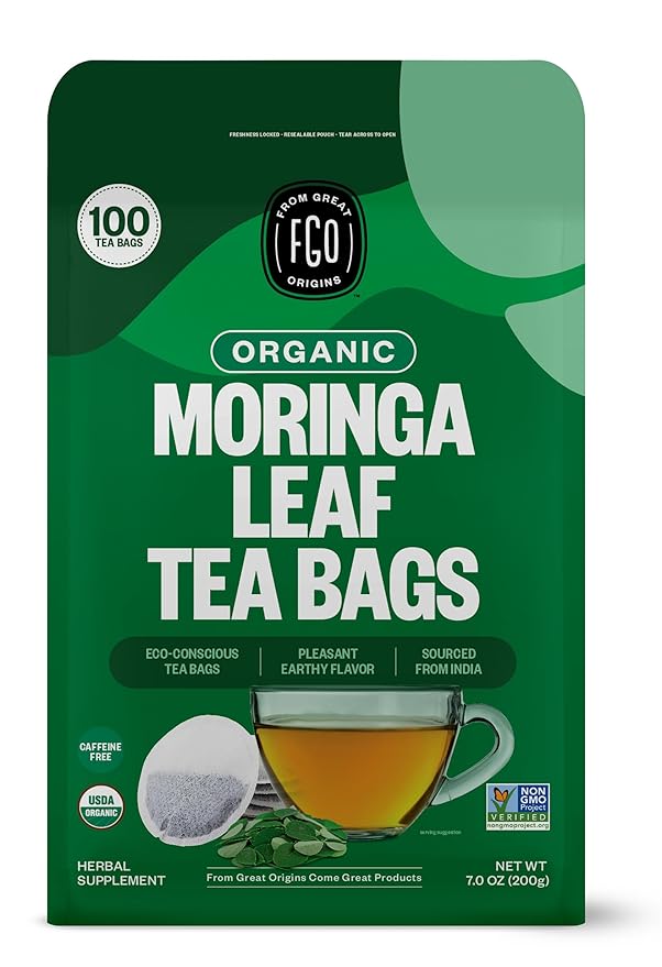 FGO Organic Moringa Tea, Eco-Conscious Tea Bags, Resealable Bag, Caffeine Free by FGO