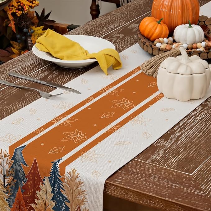 GEEORY Fall Watercolor Trees & Maple Leaves Striped Table Runner 13x120 Inch - Image 4