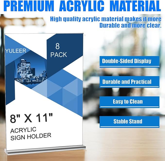 YULEER 8 Pack Acrylic Sign Holder 8.5x11, Plastic Paper Frame - Image 6
