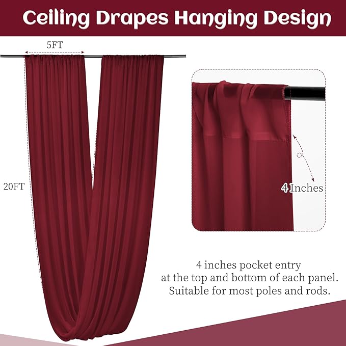 6 Panels Burgundy Wedding Ceiling Drapes 5ftx20ft Ceiling Drapes Chiffon Fabric - Image 2
