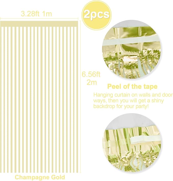 Metallic Tinsel Foil Fringe Curtains Backdrop Champagne Gold - Image 2