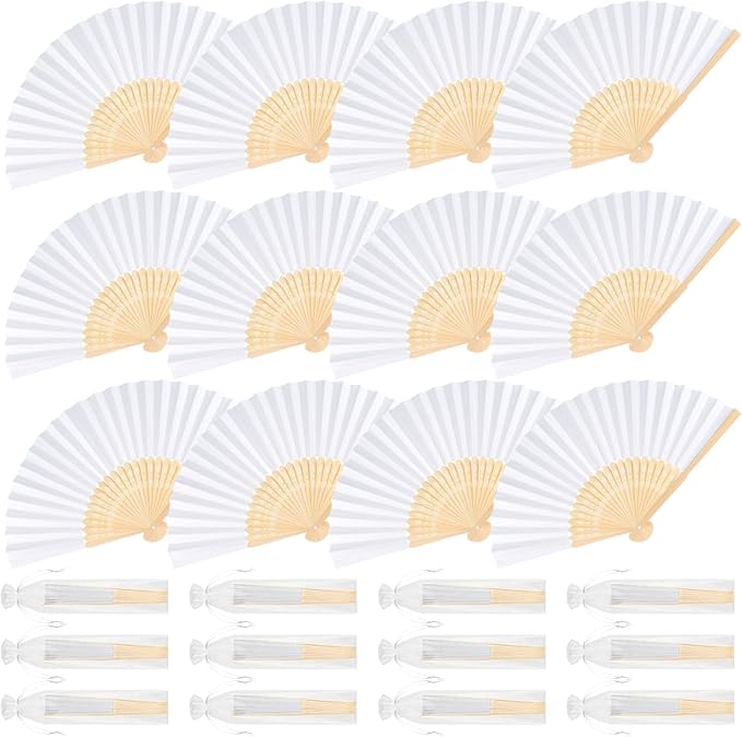 12 Pieces White Hand Held Bamboo Folding Fans Paper Fans Handheld by Bringsparkletoeverydaylife