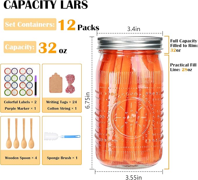 Encheng 12 Pack 32oz Wide Mouth Mason Jars - Image 2