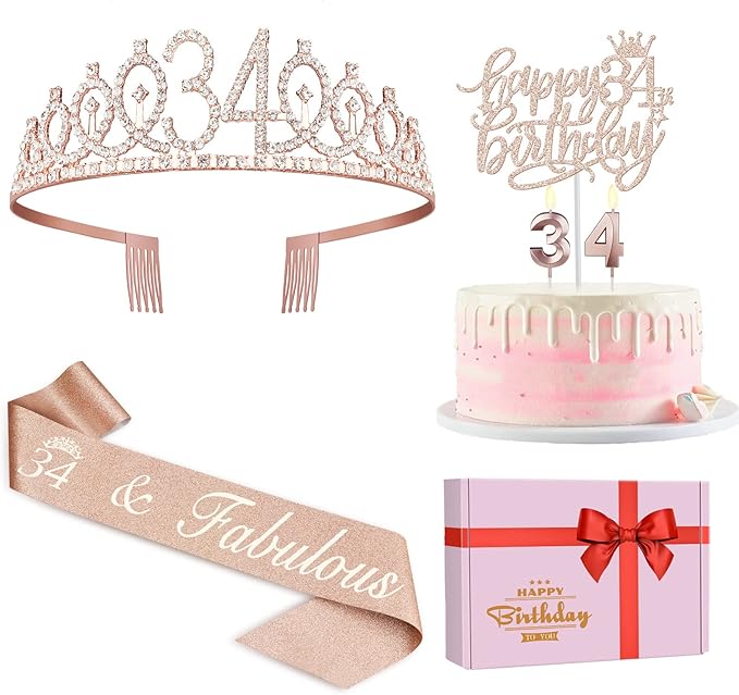 34th Birthday Decorations for Women Including Birthday Sash, Tiara/Crown by JueslyBirthdayParty