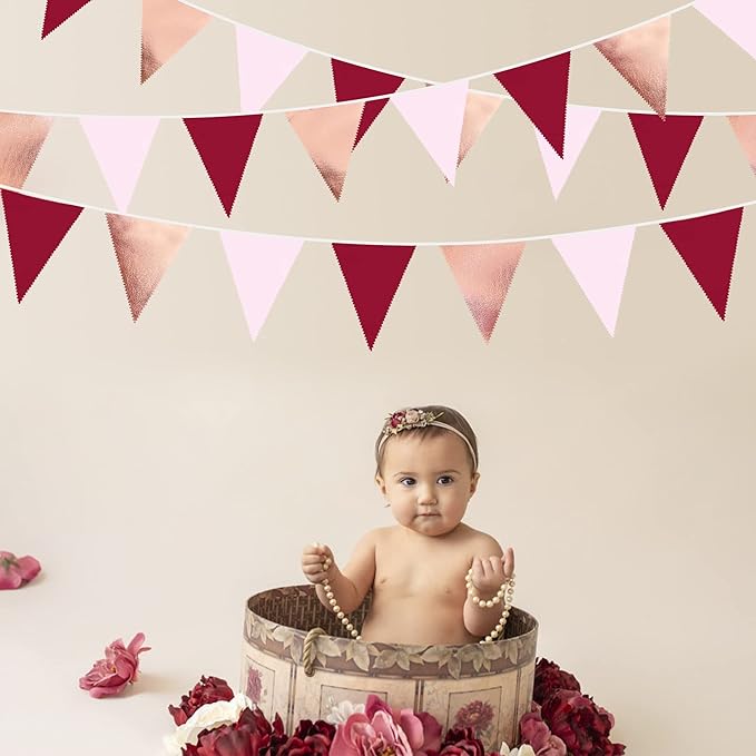 Burgundy Party Decorations Rose Gold Maroon Pink Fabric Triangle Pennant Banner - Image 6