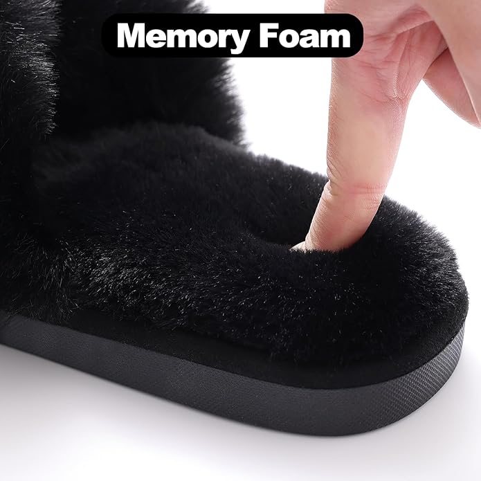Evshine Women's Fuzzy Slippers Cross Band Memory Foam House Slippers Open Toe - Image 5