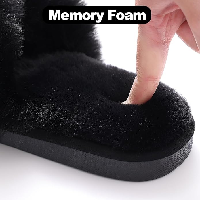 Evshine Women's Fuzzy Slippers Cross Band Memory Foam House Slippers Open Toe - Image 5