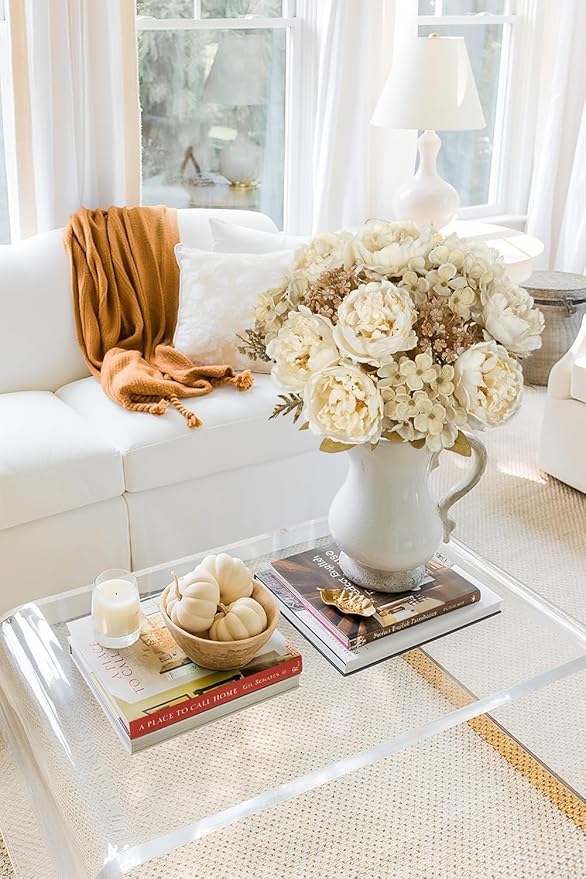 Hollyone 2Pcs Artificial Fall Flowers Bouquet 18.8" White Dried Peony Hydrangea - Image 6