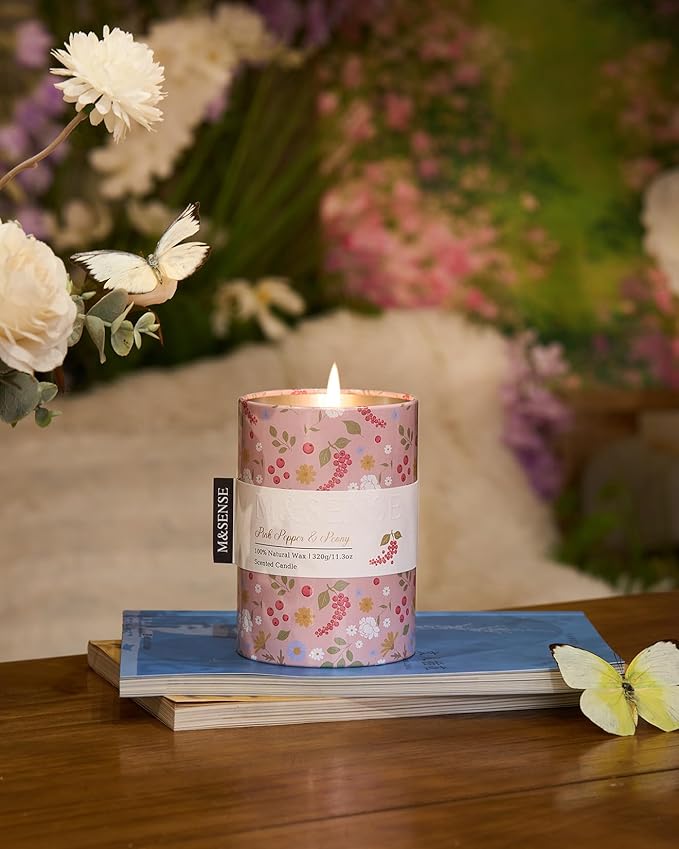 M&SENSE Pink Pepper Peony Scented Candle, Medium Jar Candle 11.3oz Natural Soy - Image 4