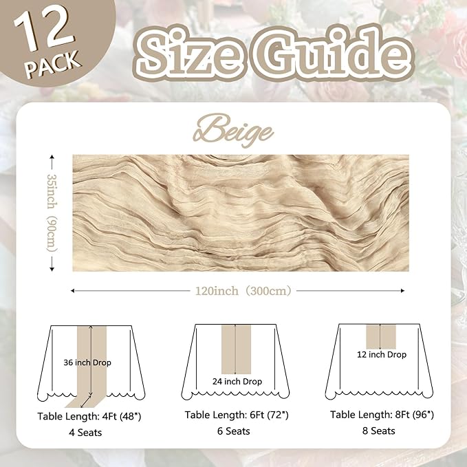 12 Pack Beige Cheesecloth Fall Table Runner 10ft Boho Gauze Fabric Cheese Cloth - Image 2
