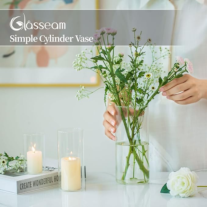 Glasseam Cylinder Vases Set of 12, Hurricane Candle Holder Clear Different Sizes - Image 3