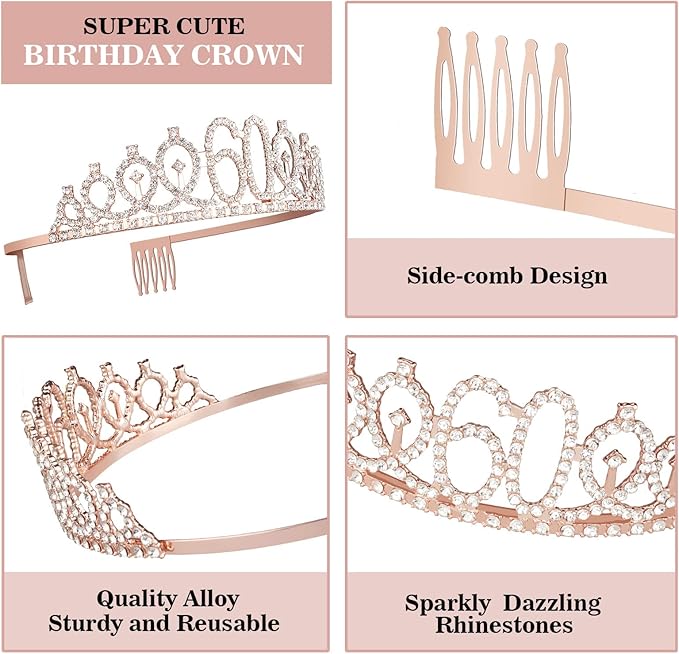 60th Birthday Decorations for Woman, Including 60th Birthday Sash and Crown - Image 3