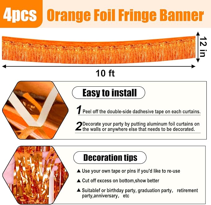 4 Pack 10 Feet Orange Foil Fringe Garland Metallic Tinsel Streamers Banner Wall - Image 2