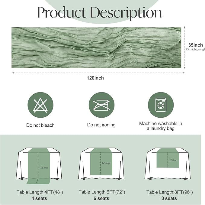 2 Pcs Sage Green Cheesecloth Table Runner - Image 2