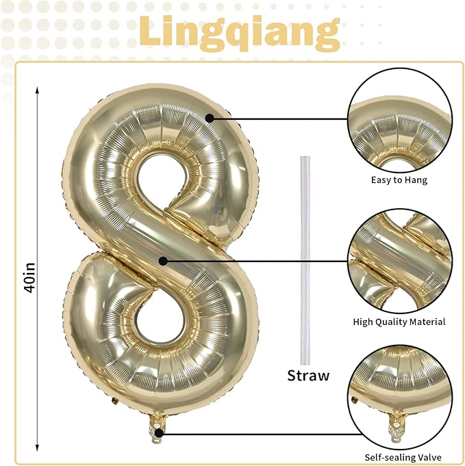 Champagne Gold 8 Balloons, Self Inflating Digit 8 Balloons - Image 2