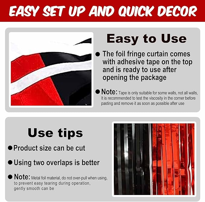 3 Pack Black and Red Foil Fringe Curtains Backdrop, 3.28 x 9.8 Ft Metallic - Image 3