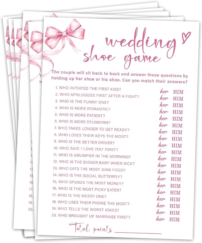 Pink Bow Wedding Shower Games Cards, Bridal Shower Games 30 Guests, Engagement by Unknown