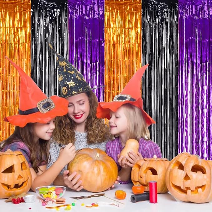 TONIFUL 2Pcs Orange Purple Black Metallic Tinsel Foil Fringe Curtains, 3.28ft x - Image 4