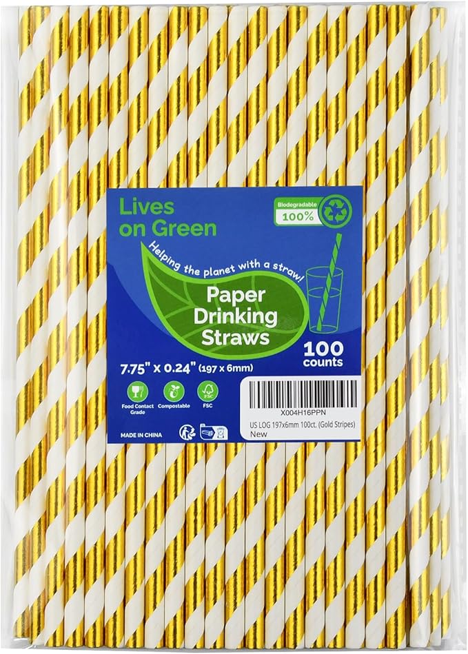 7.75 inch Gold/White Striped Paper Straws by LivesonGreen
