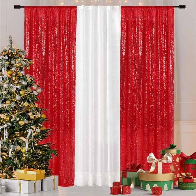 SquarePie Sequin Curtain Backdrop 2FT x 8FT Red 2pcs Background by SquarePie